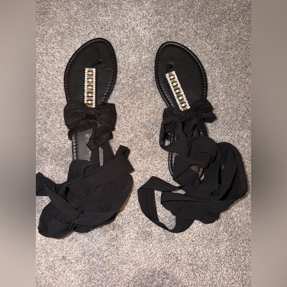 Black Sandals with Rhinestone Detail
